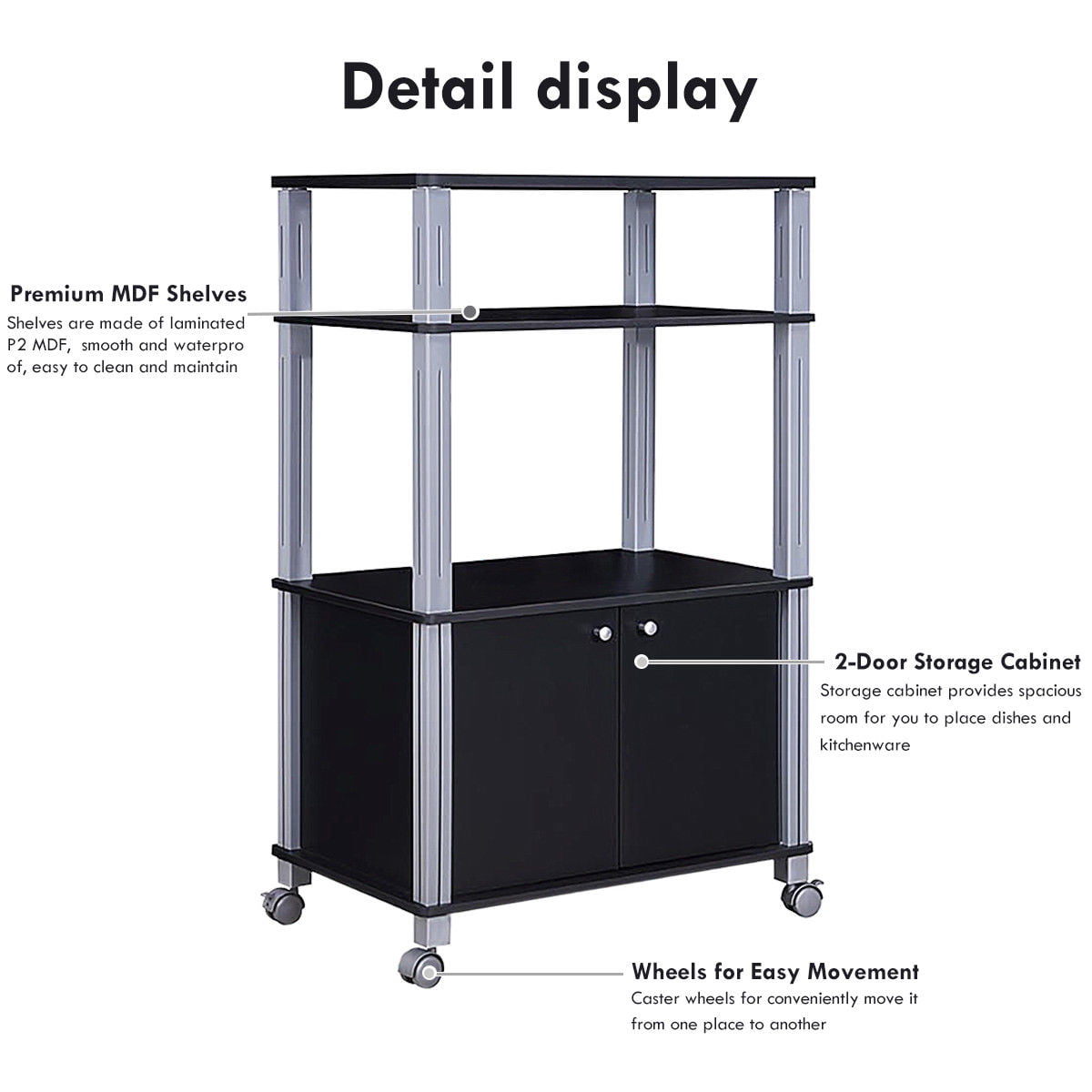 Gymax Bakers Rack Microwave Stand Rolling Storage Cart Multi-functional Display Black