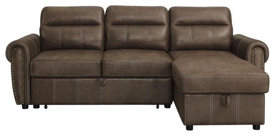 Bowery Hill Ashton Saddle Brown Microfiber Reversible Sleeper Sectional   Transitional   Sleeper Sofas   by Homesquare  Houzz