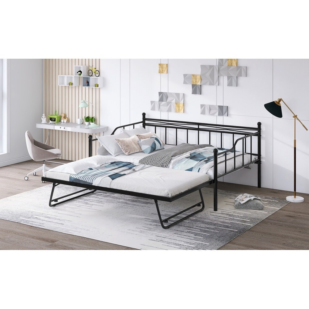 Full Size Metal Daybed with Twin Adjustable Trundle  Portable Folding