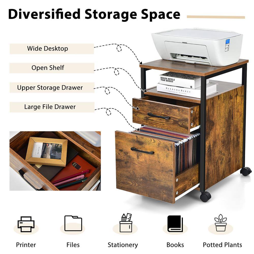 Costway Rustic Brown Mobile File Cabinet 2-Drawer Printer Stand with Open Shelf for Letter Size CB10232CF