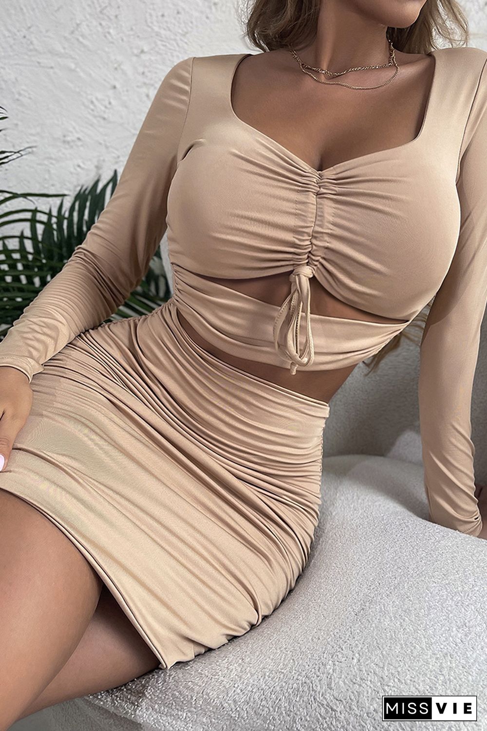 Square Neck Long Sleeve Drawstring Pleated Bodycon Dress Wholesale