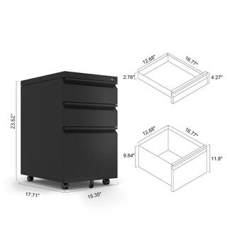 3-Drawer Black 24 in. H x 18 in. W x 15 in. D Metal Mobile File Cabinet Locking Filing Cabinet with Wheels FY-W124770976