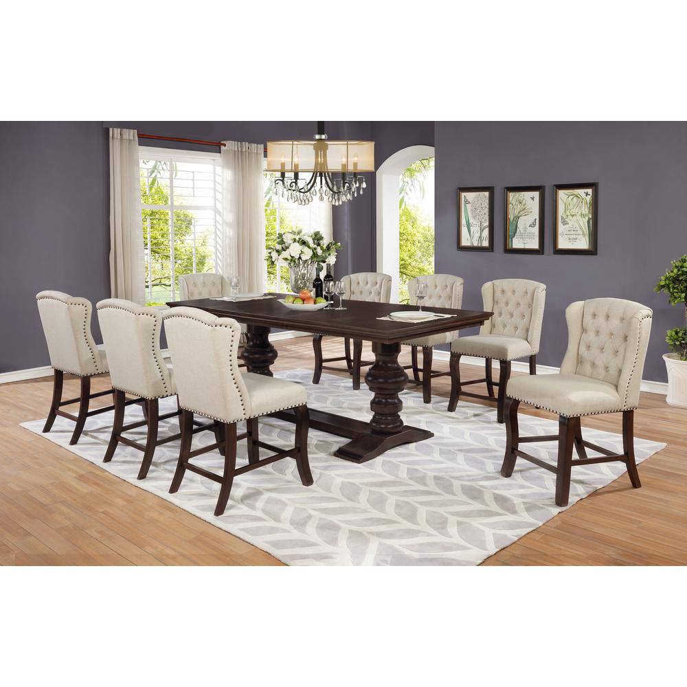 Best Quality Furniture Luisa 9-Piece Rectangular Wood Cappuccino Dining Table Set Beige Linen Fabric Chairs D31CH9