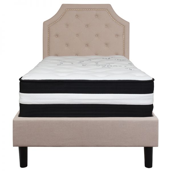 Brighton Twin Size Tufted Upholstered Platform Bed in Beige Fabric with Pocket Spring Mattress