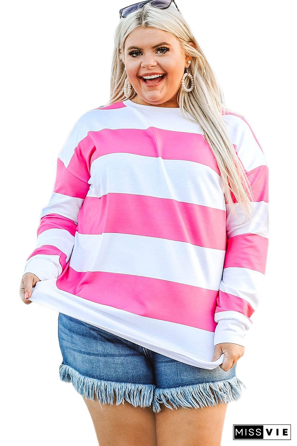 Pink Striped Side Slit Plus Size Sweatshirt