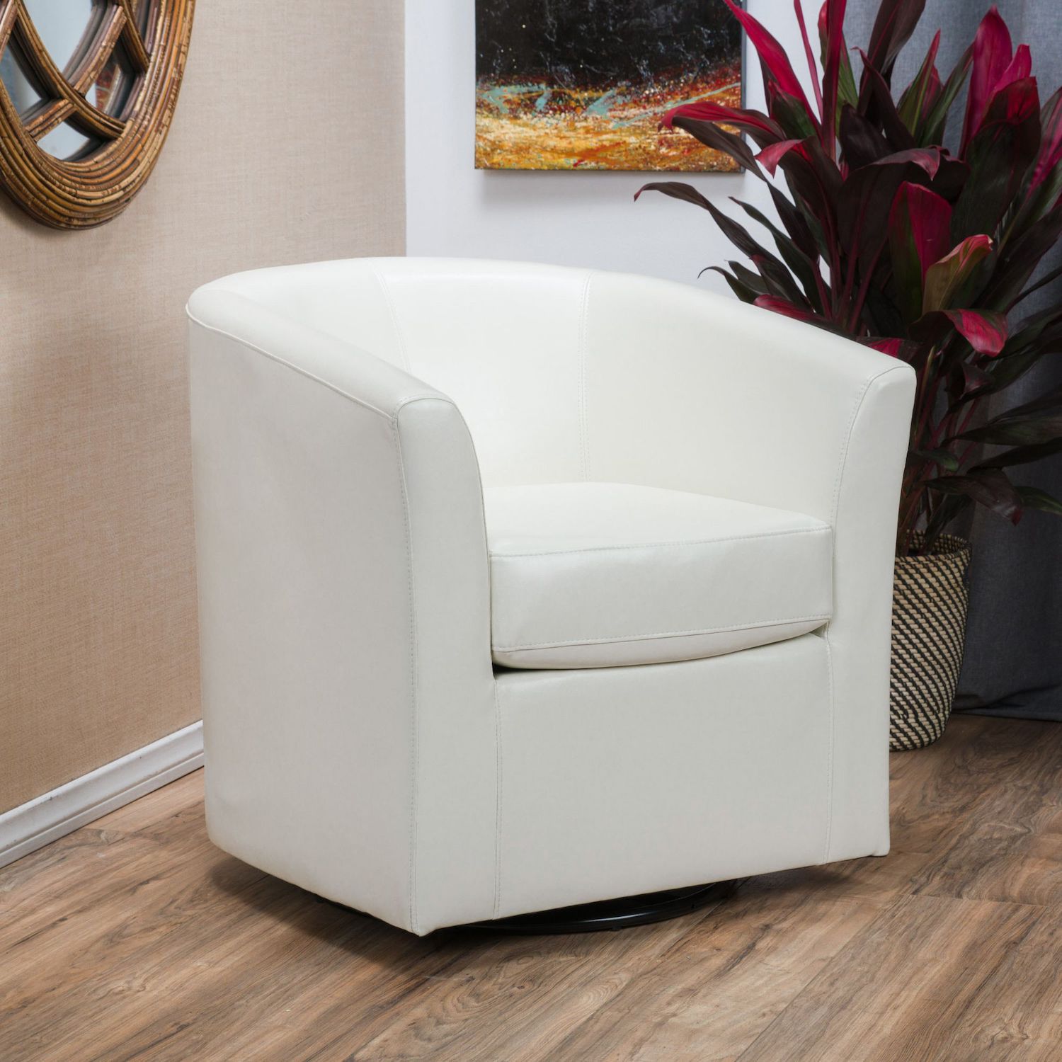 30.25 Ivory and Black Contemporary Swivel Club Chair with High Arm Wraps