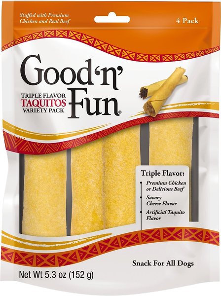 Good 'n' Fun Triple Flavor Taquitos Variety Pack Dog Treats， 5.3-oz bag， 4 count