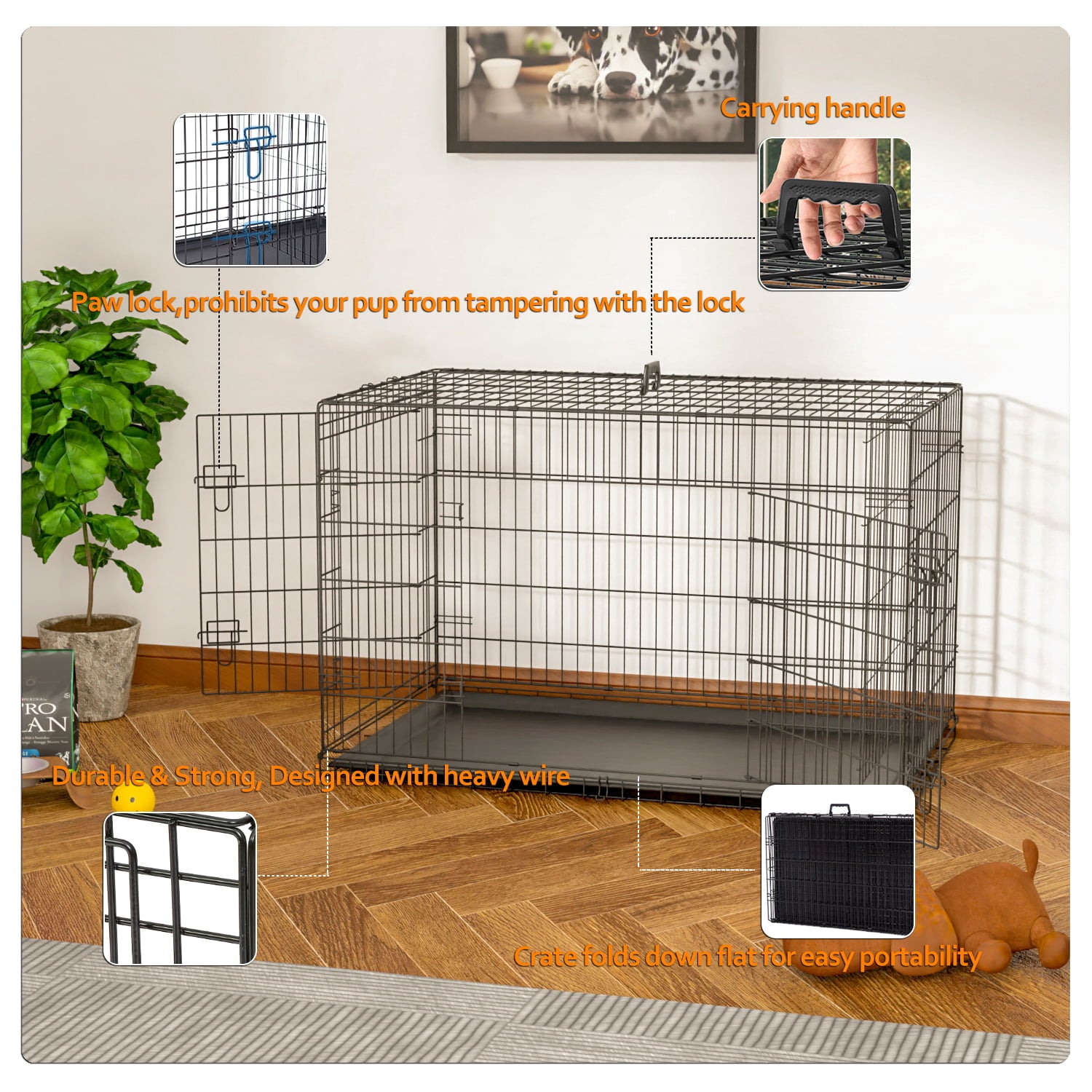 Homy Grigio Large Dog Crate for Large Dogs Cats， 48 inch Dog Crate XL Folding Wire Crates Dog Kennels Outdoor and Indoor Pet Dog Cage with Double-Door Divider Removable Tray