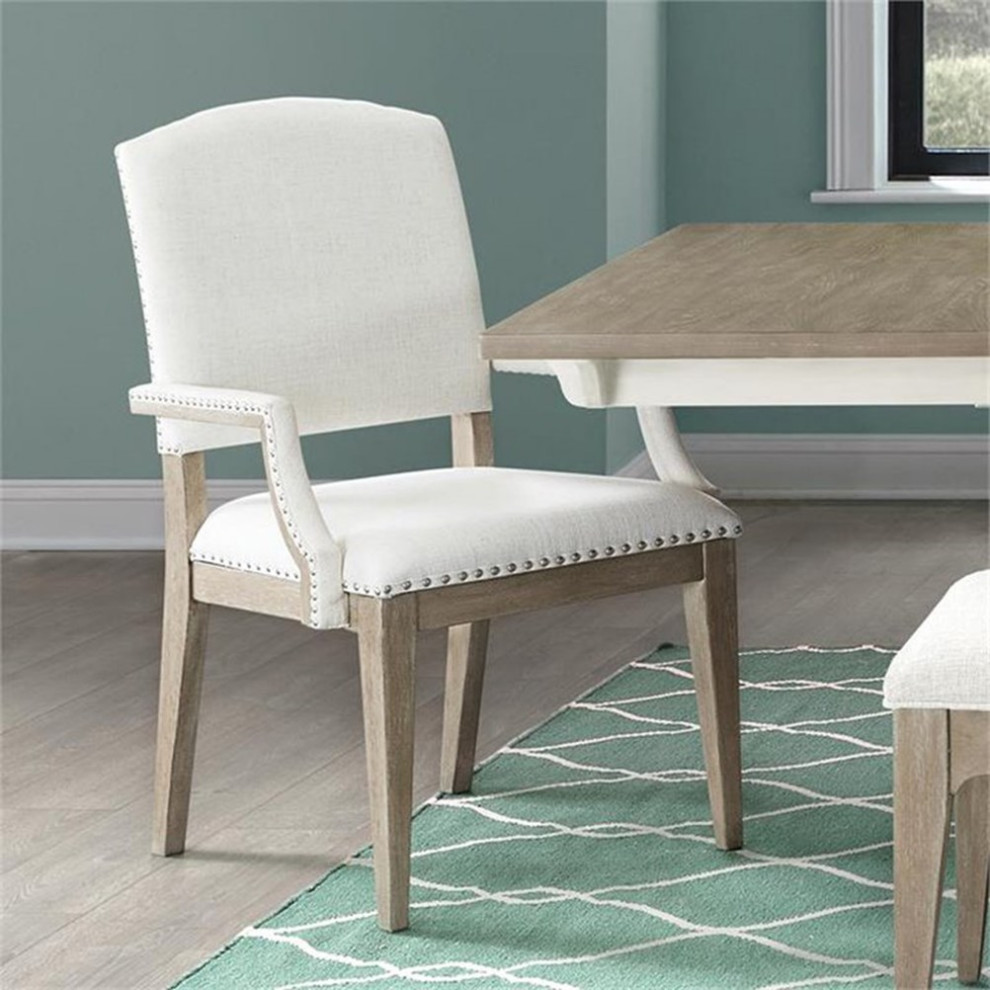 Bowery Hill 18.5  x27 x27Coastal Wood/Fabric Dining Arm Chair in Natural/White   Farmhouse   Dining Chairs   by Homesquare  Houzz