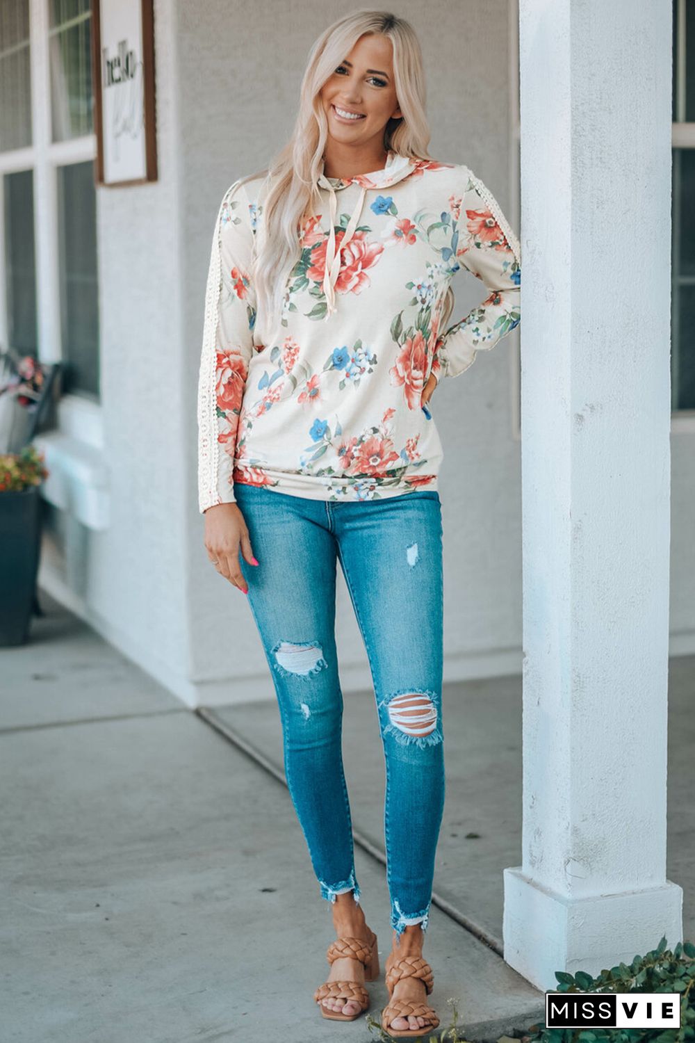 Apricot Floral Print Lace Contrast Long Sleeve Hoodie