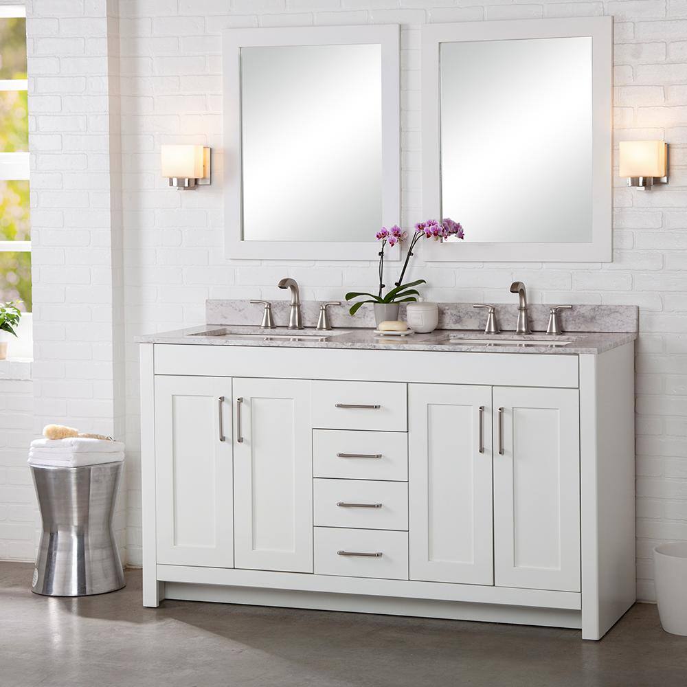 Home Decorators Collection Westcourt 61 in. W x 22 in. D Bath Vanity in White with Stone Effect Vanity Top in Winter Mist with White Sink WT60P2V11-WH