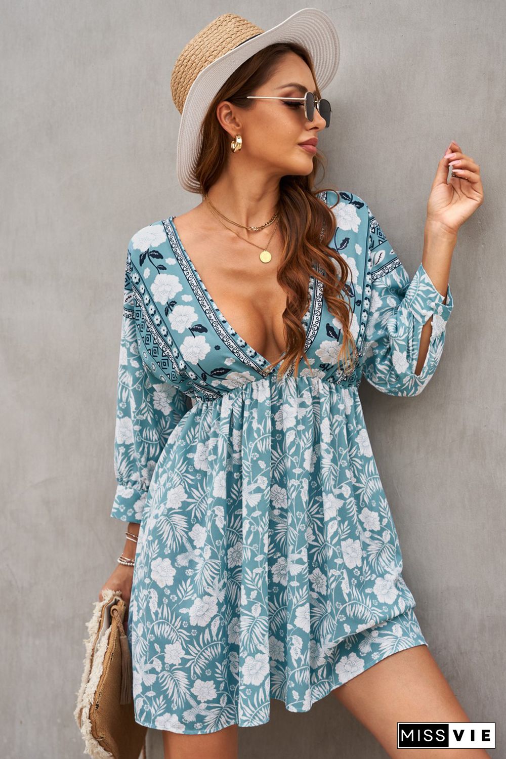 Green V Neck 3/4 Sleeve Bohemian Vintage Print Mini Dress