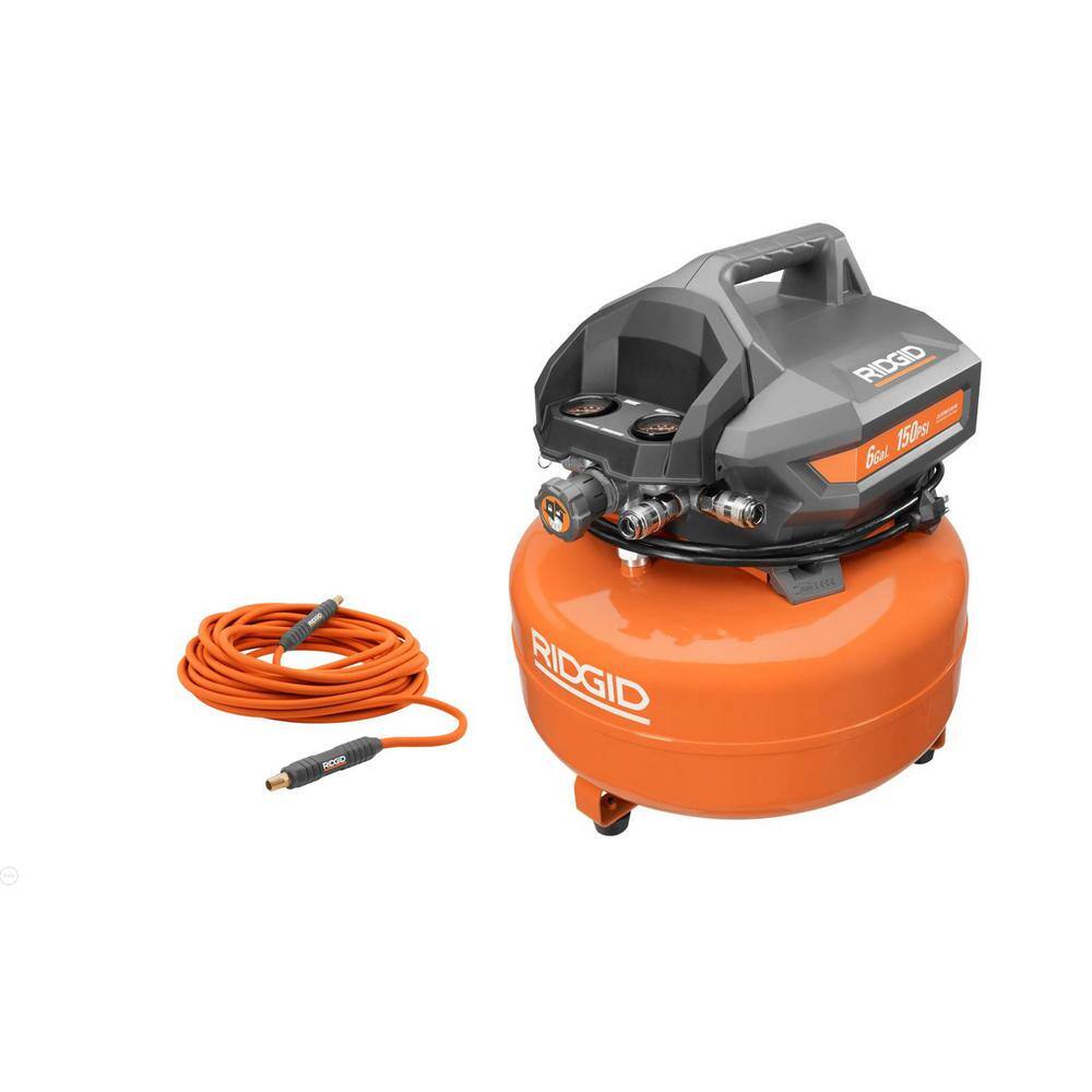 RIDGID 6 Gal. Portable Electric Pancake Air Compressor with 14 in. 50 ft. Lay Flat Air Hose OF60150HB-R5025LF