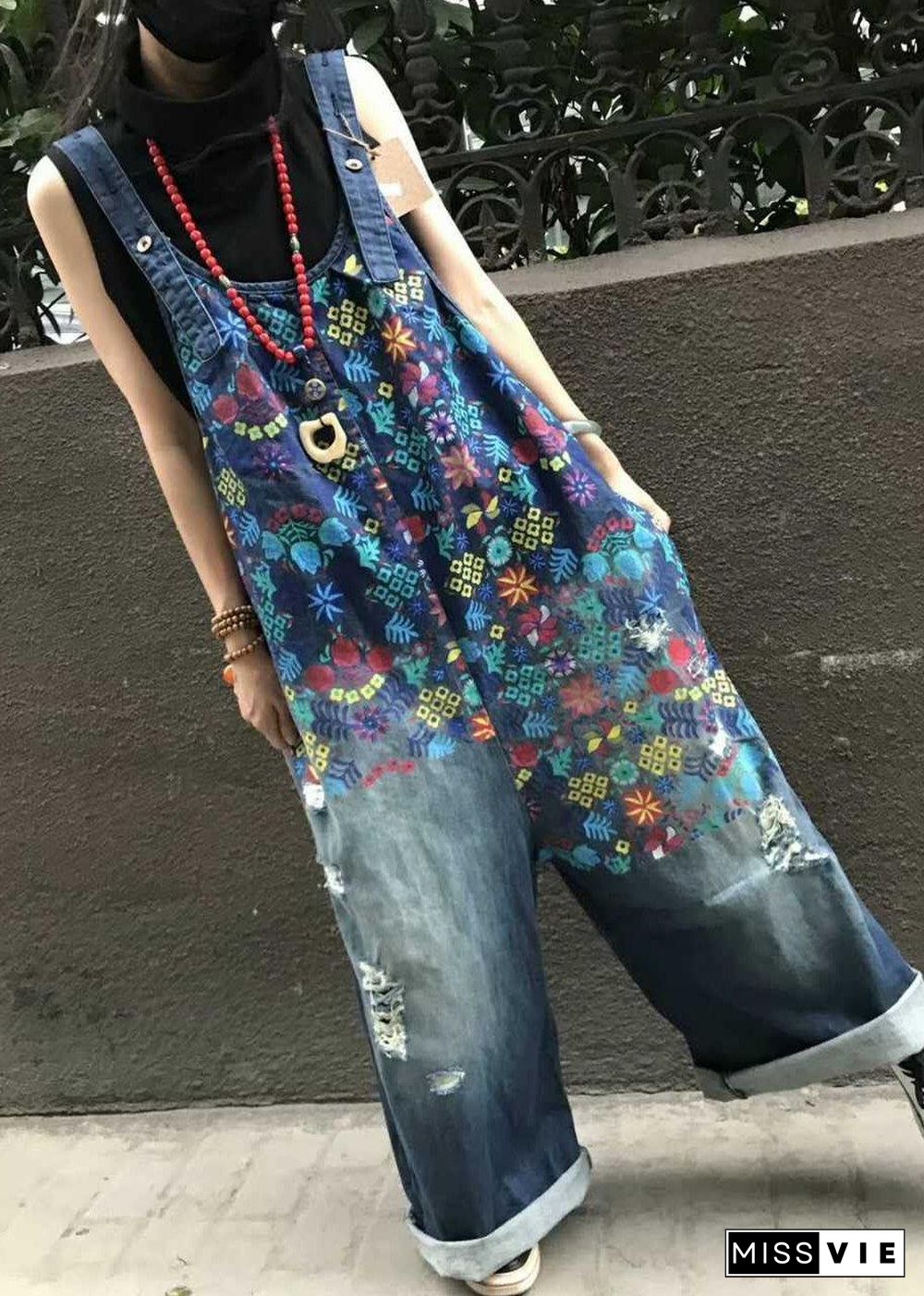 Boutique Print Blue Jeans Overall Jumpsuit