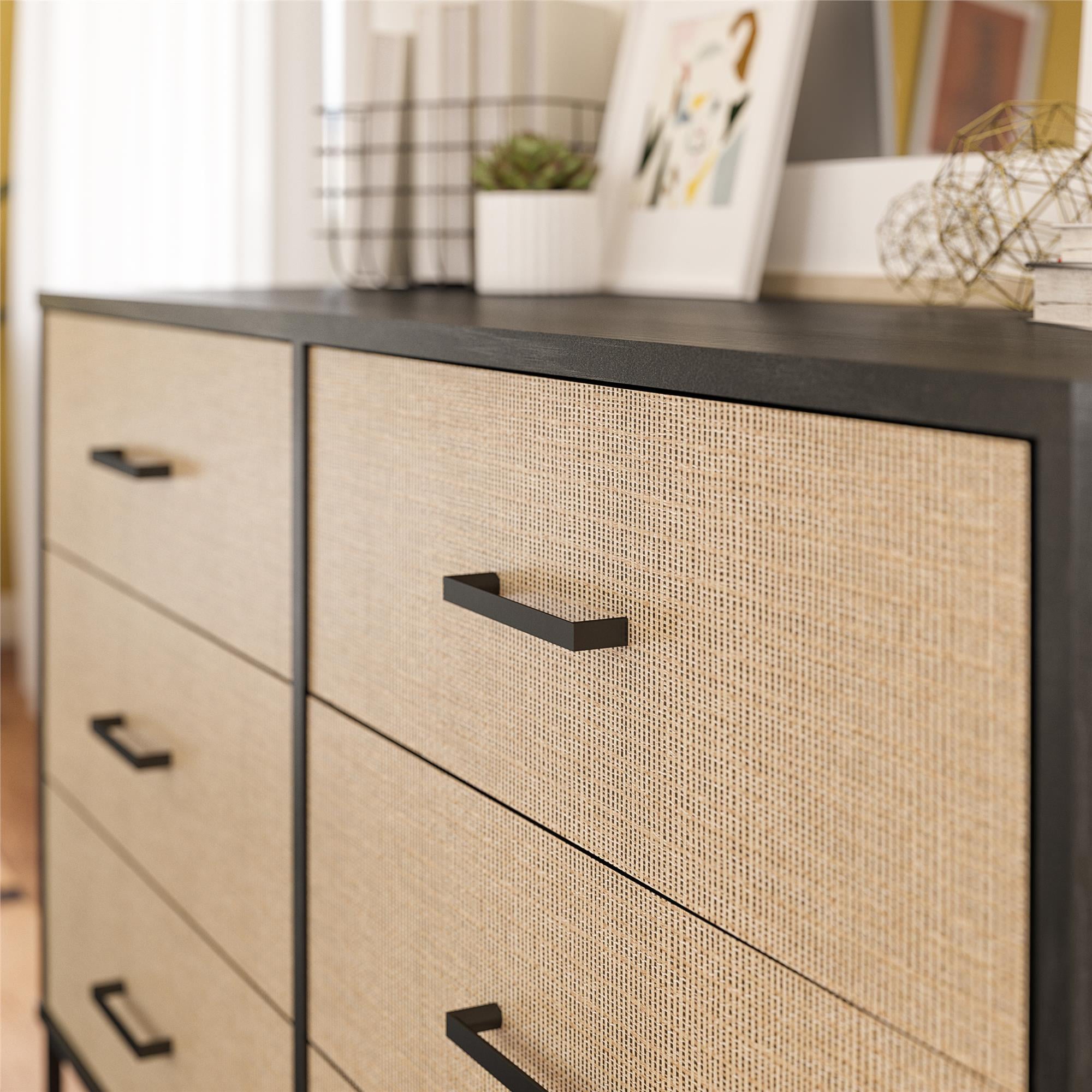 Novogratz Kelly 6 Drawer Dresser, Faux Rattan & Black Oak