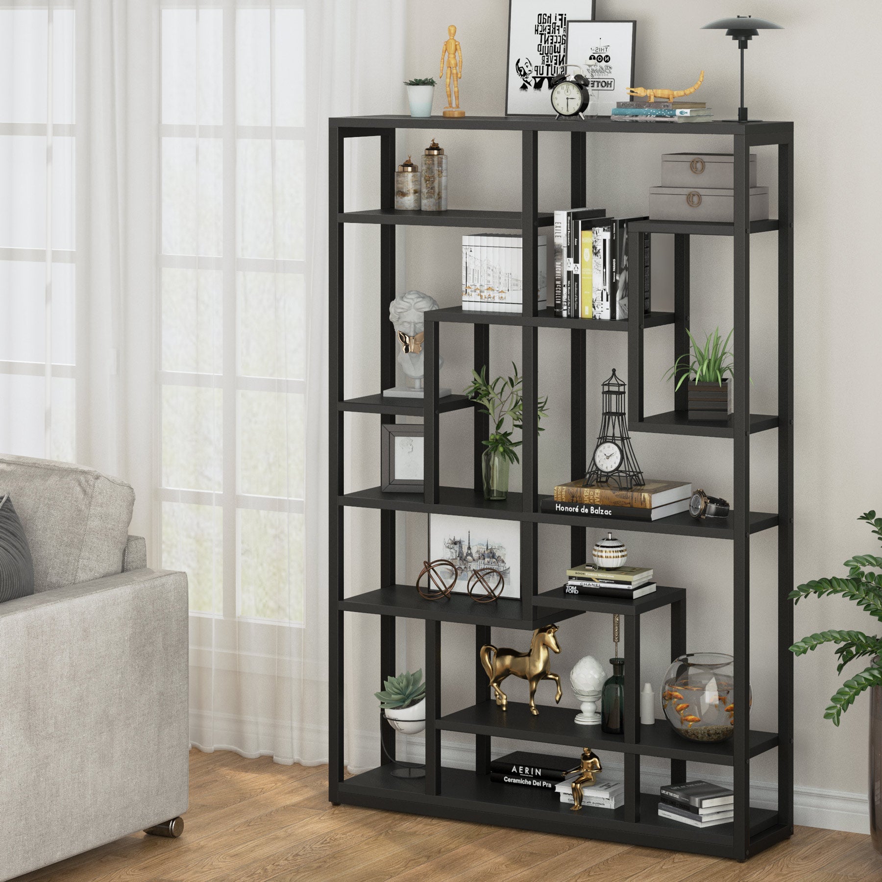 70.87 Bookshelf, Black Standing Shelf Bookcase Storage Rack