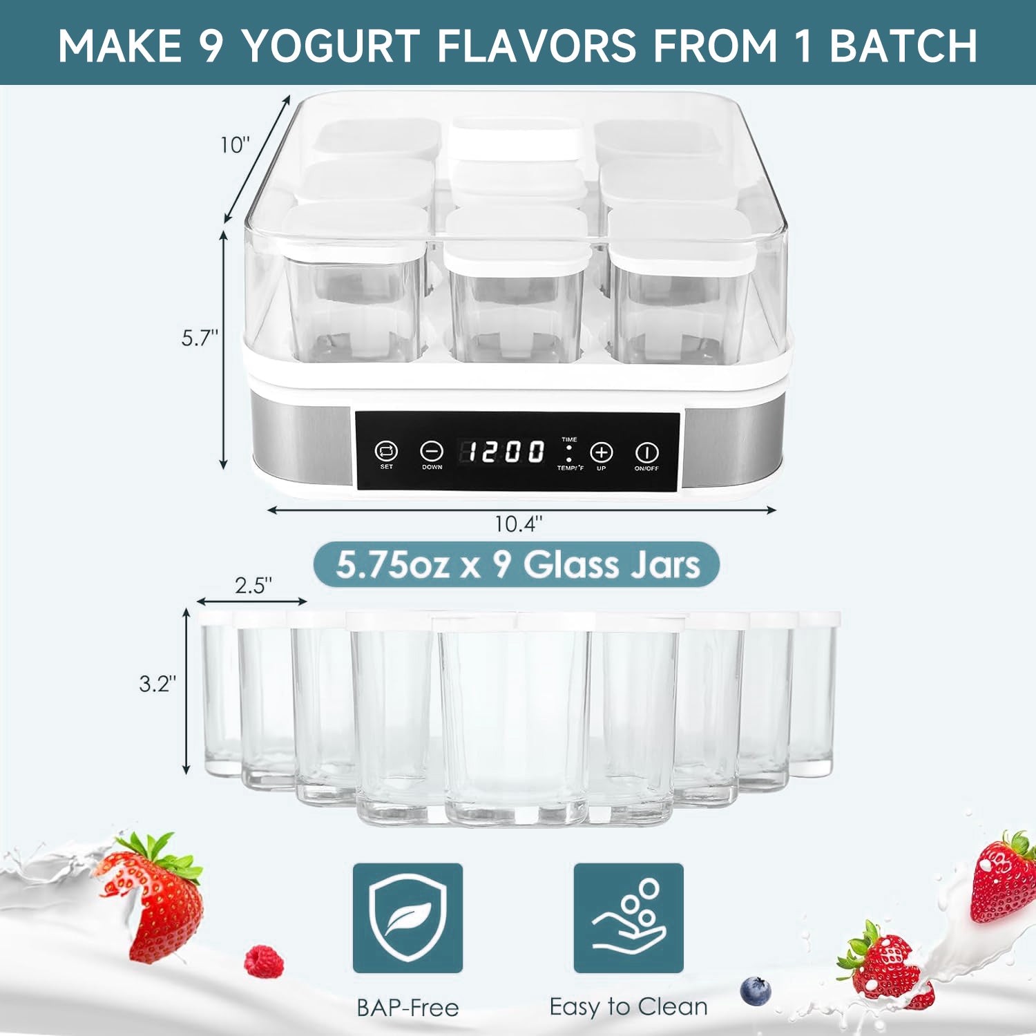 Automatic Digital Yogurt Maker Machine with 9 Glass Jars, Time and Temperature Control