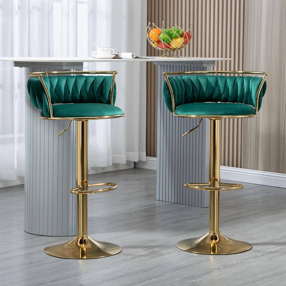 Uixe 38.5 in. Dark Green Low Back Metal Frame Swivel Adjustable Height Bar Stool with Velvet Seat (Set of 2) FOP-BT-GREEN-2