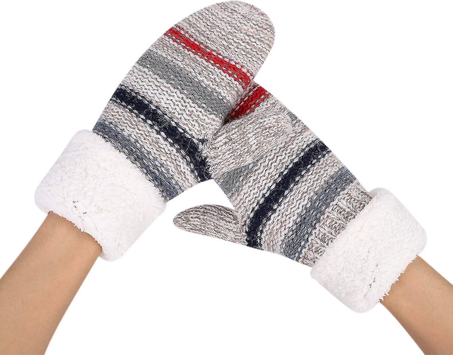 Women Winter Knitted Gloves Fleece Lined Knit Gloves Women Full Fingers Thickening Winter Warm Mittens Knit Mittens Stripe Design Knitted Mittens Ther