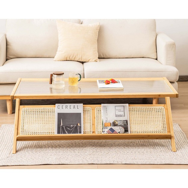 Costway Bamboo Coffee Table 48 x27 x27 2 tier Glass Tabletop Handwoven Rattan Storage Shelf