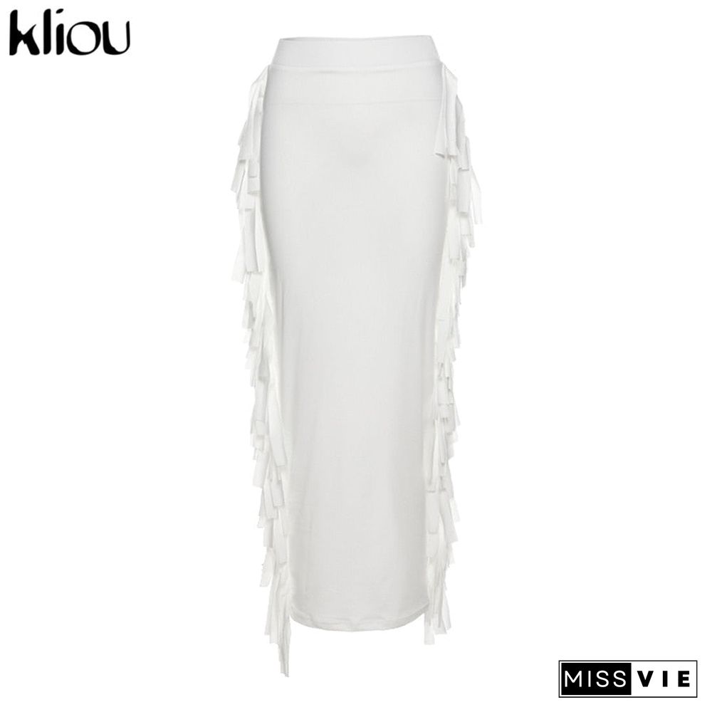 Kliou Side Tassel Women Skirt Elegant Unique Robe Straight Skinny Hight Waist Stretchy Hot Streetwear Style Female Clothes