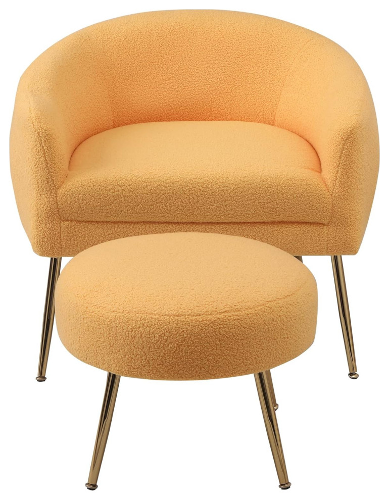 Modern Accent Chair With Ottoman  Golden Legs  ampPlush Teddy Fabric Seat  Yellow   Modern   Armchairs And Accent Chairs   by Decor Love  Houzz