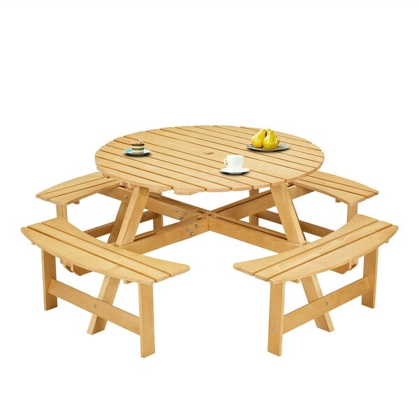 8 Person Wood Picnic Table，Outdoor Round Picnic Table with 4 Builtin Benches，Umbrella Hole，Outside Table and Bench Set