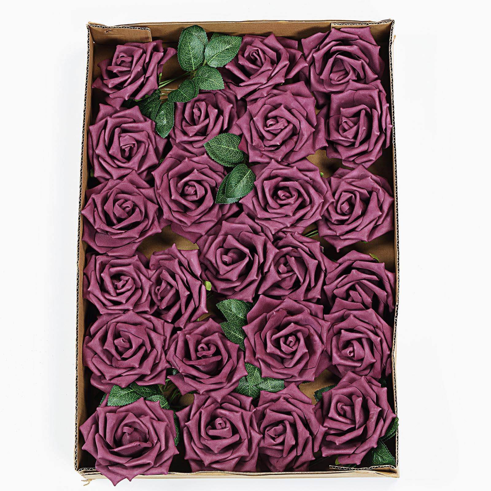 24 Roses Eggplant Artificial Foam Flowers With Stem Wire and Leaves 5