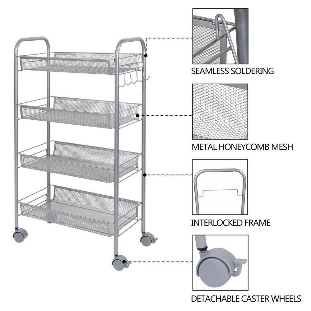 Karl home Multi-Functional Steel Removable 4-Wheeled Storage Cart in Silver 302589548257