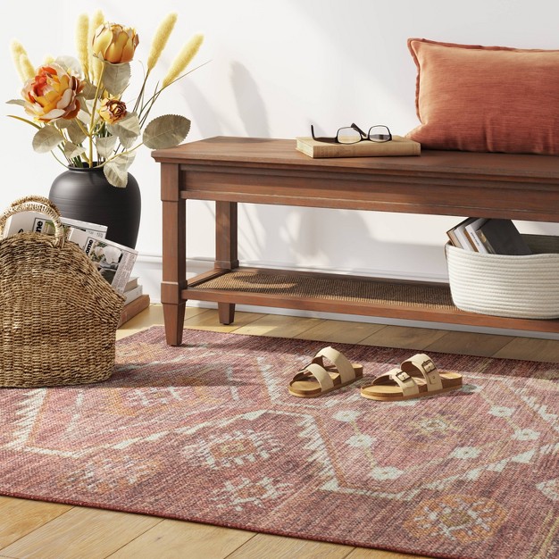 Southbury Washable Printed Diamond Persian Style Rug Rust