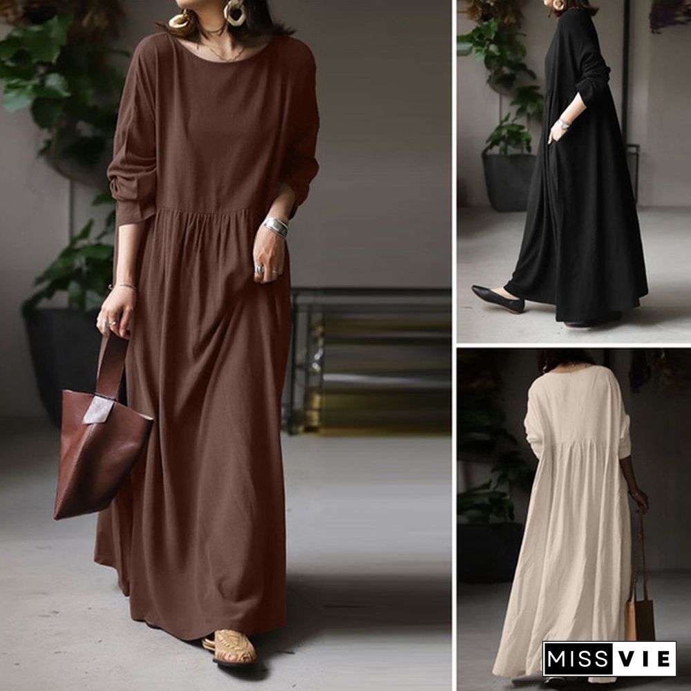 ZANZEA Women Autumn Long Sleeve Robe Solid Color Long Dress Casual Cotton Maxi Dresses