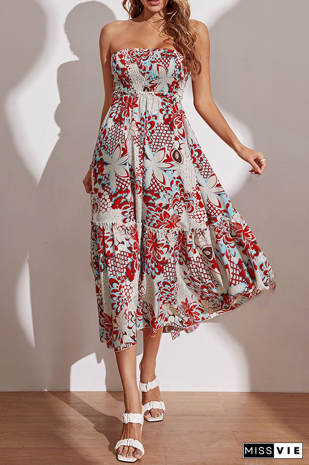 Strapless Smocked Bandeau High Waist Floral Midi Dress