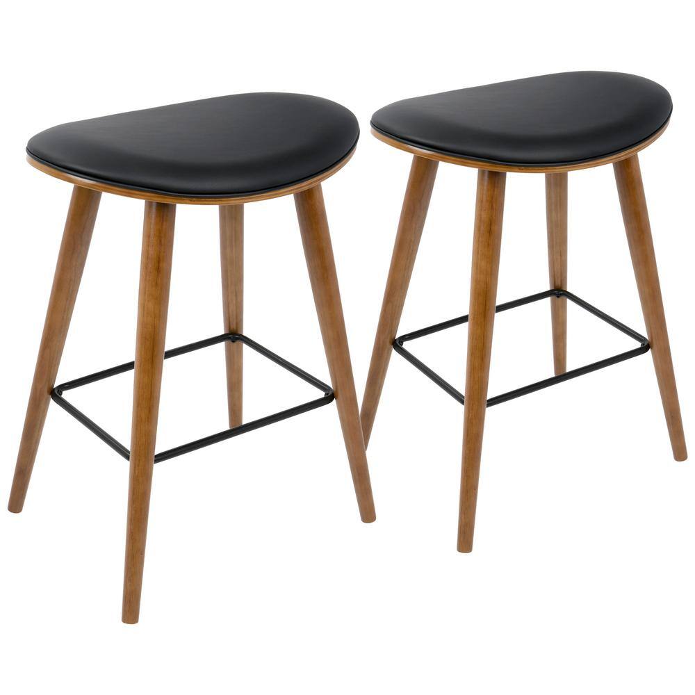 Lumisource Saddle 26 in. Counter Stool in Walnut and Black in Faux Leather (Set of 2) B26-SADL WL+BK2