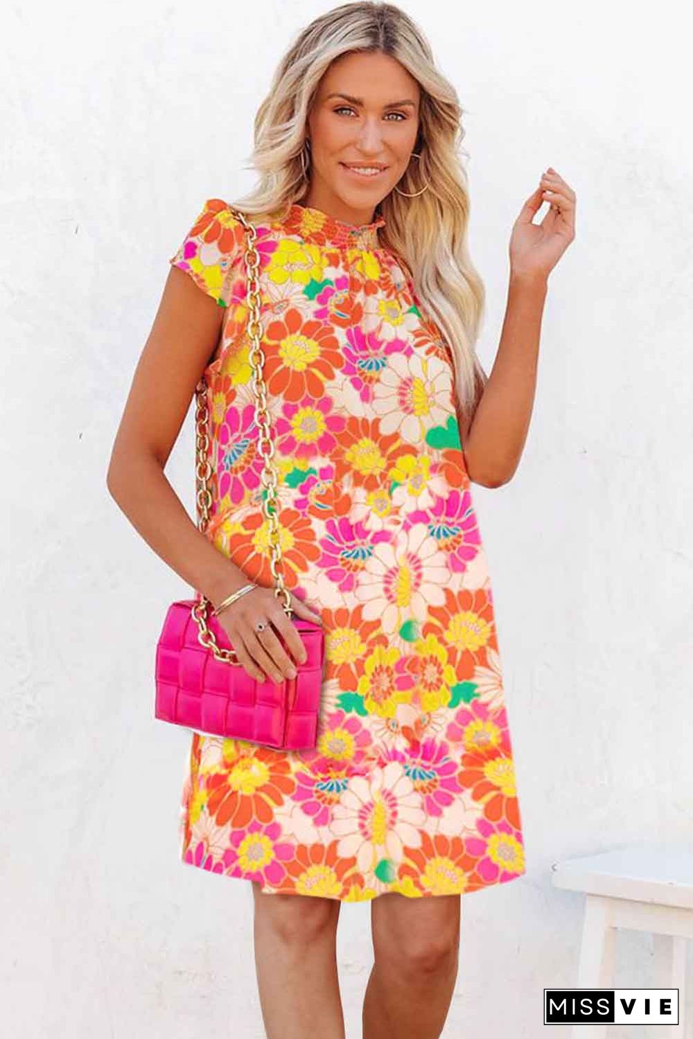 Orange Shirred Neck Summer Floral Dress