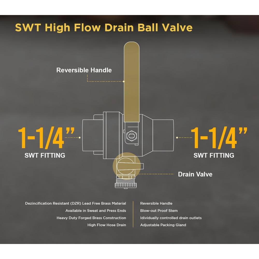 The Plumber's Choice 1-14 in. SWT High Flow Drain Ball Valve 3 Way Adjustable Flow Path Brass D928336