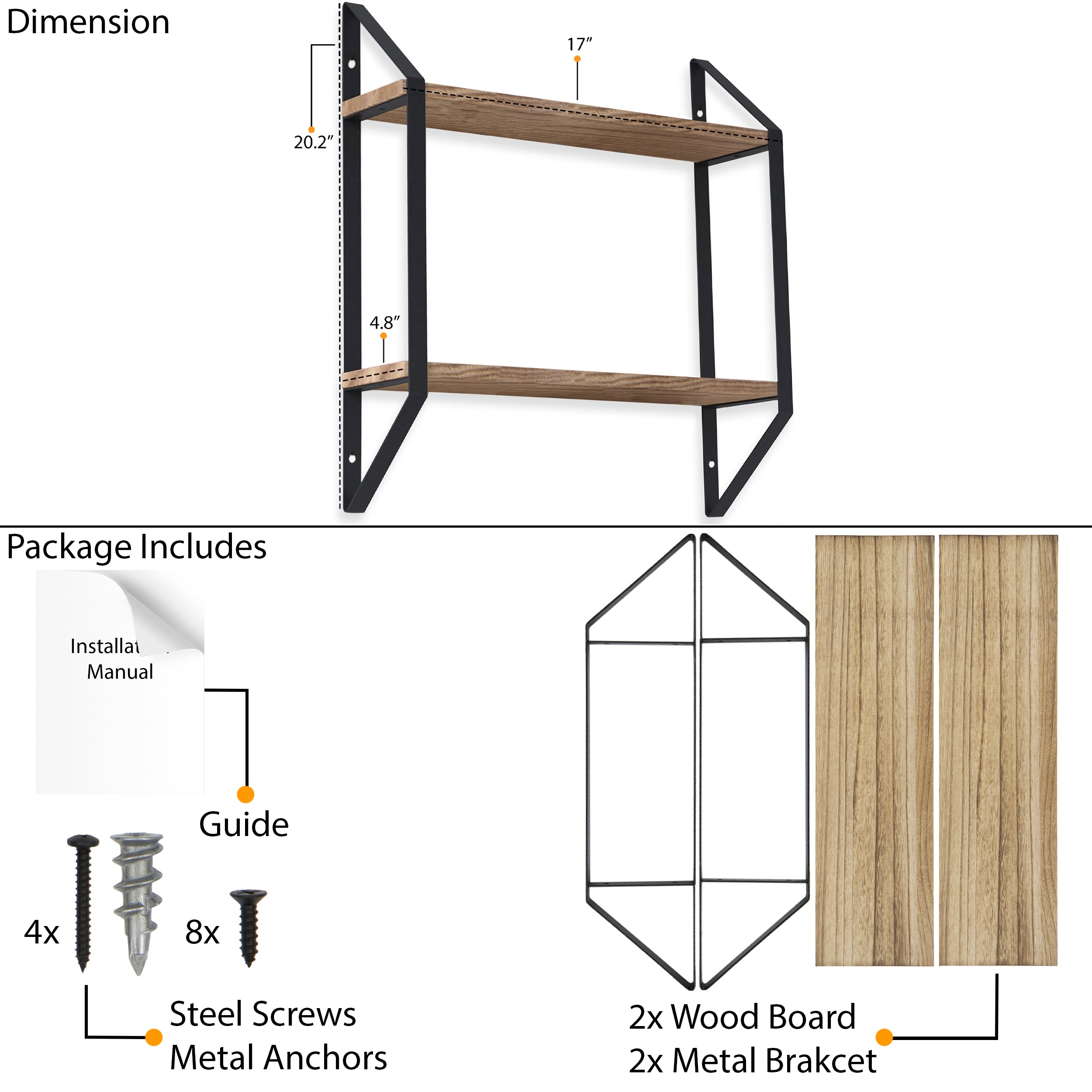 Wallniture Ponza 2 Tier Bathroom Shelf for Wall Shelves with Bracket Laundry Shelf Over the Washer, Natural Burned