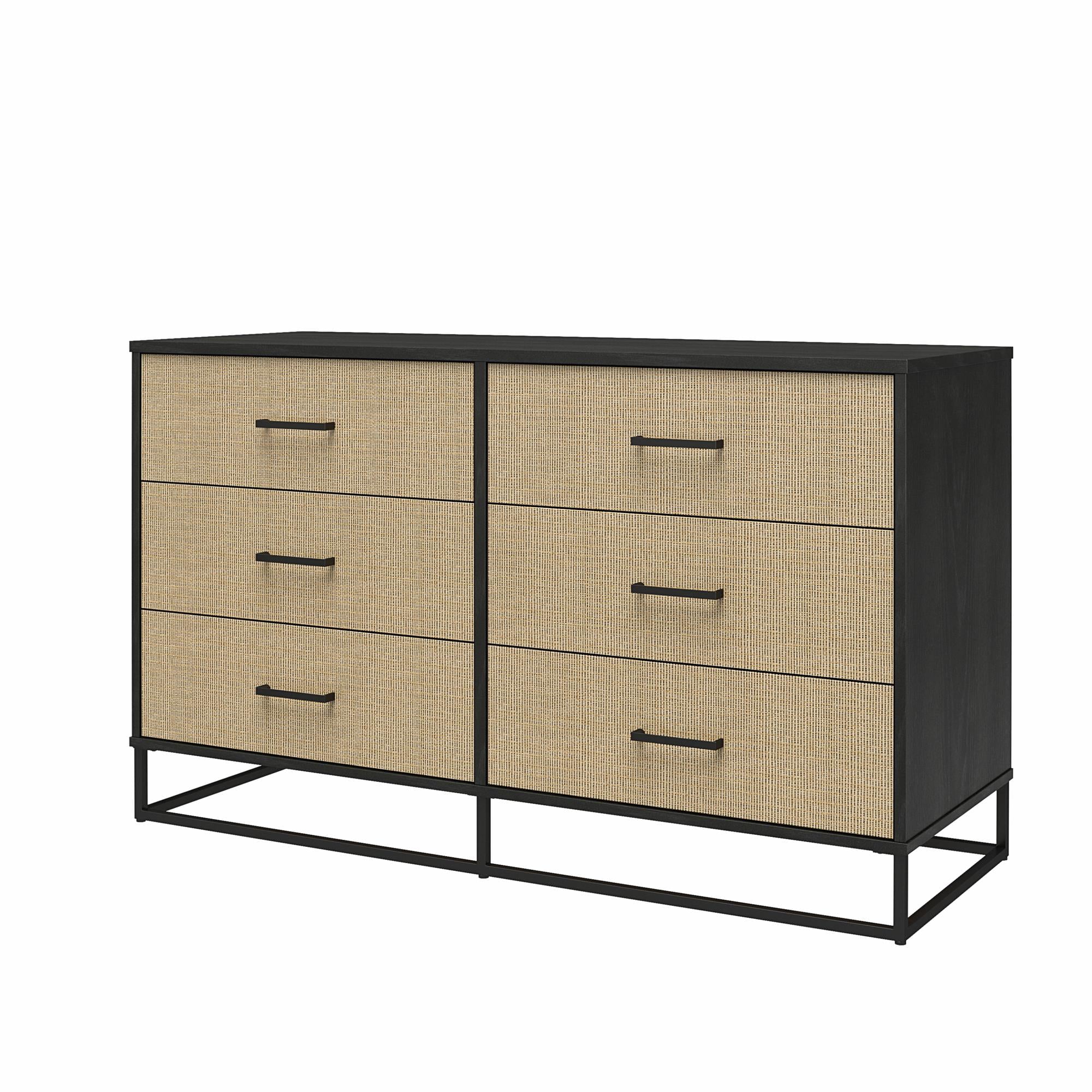 Novogratz Kelly 6 Drawer Dresser, Faux Rattan & Black Oak