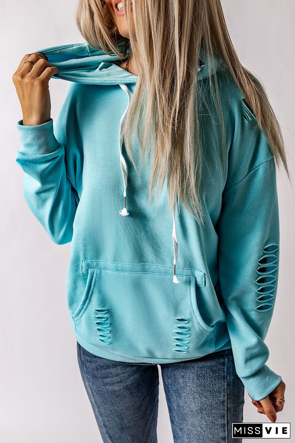 Solid Ripped Hooded Sweatshirt With Kangaroo Pocket