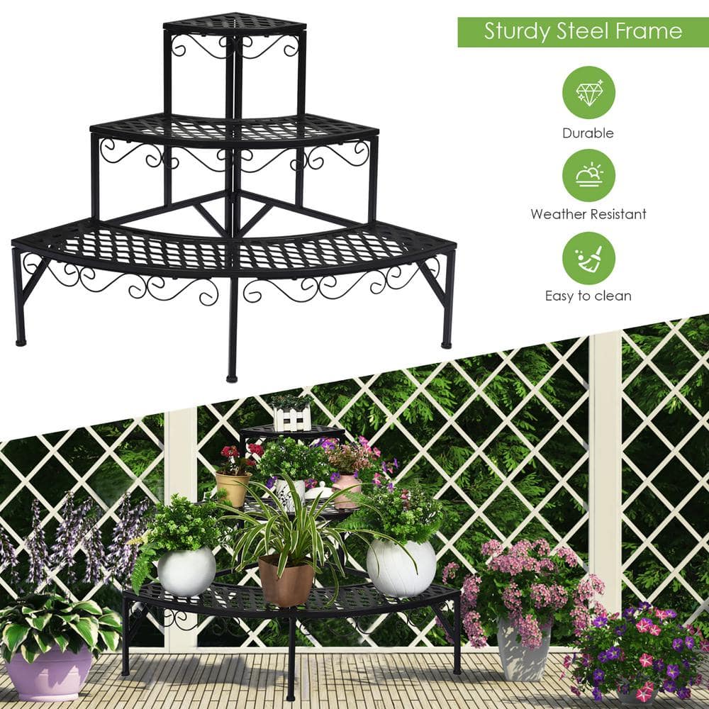 Costway 24 in. Tall Indoor/Outdoor Steel Corner Black Metal Plant Stand (3-Tiered) GT3525