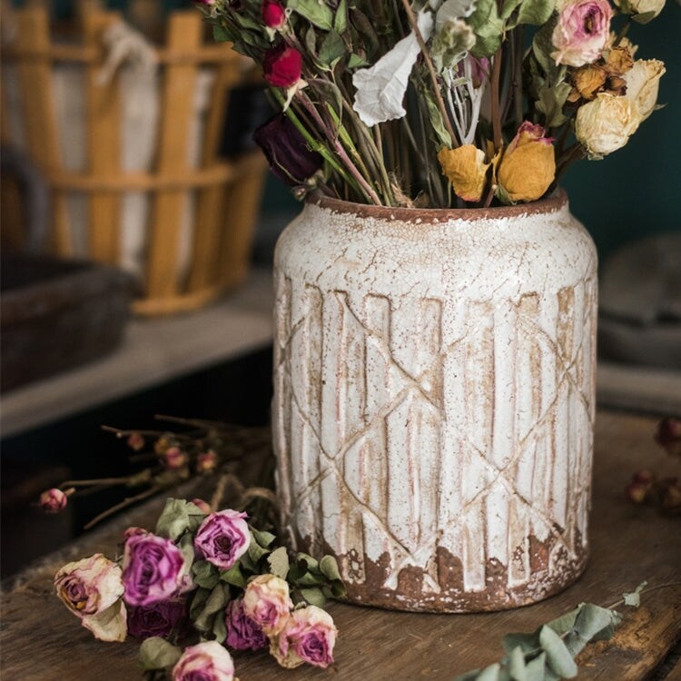 RusticReach Distressed White Ceramic Flower Jar Vase