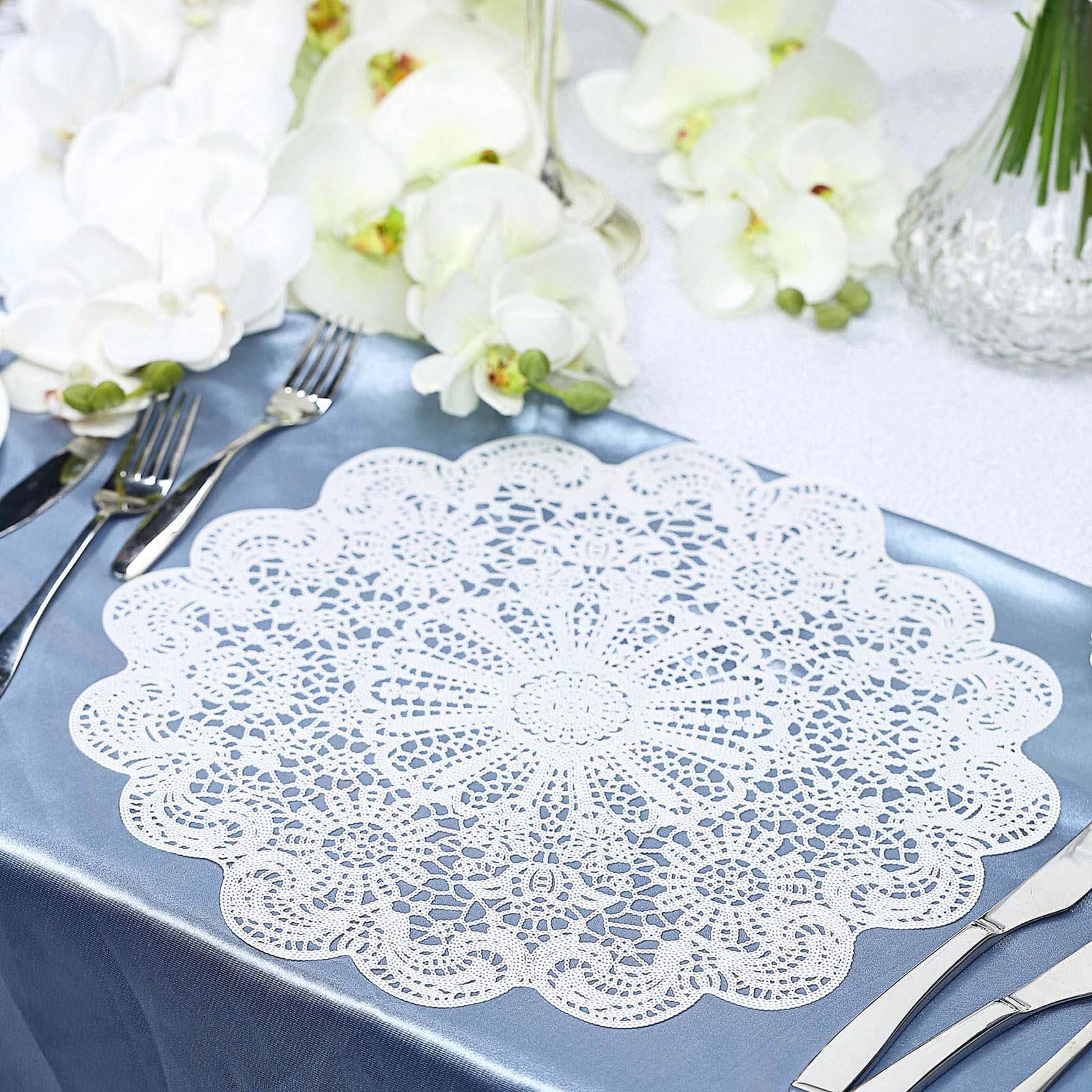 6 Pack White Vintage Floral Lace Vinyl Placemats, Non-Slip Dining Table Mats 15