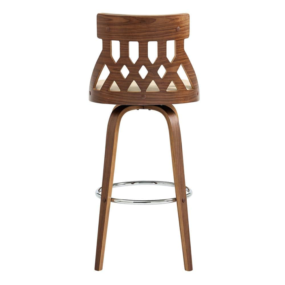 Armen Living Crux 30 in. Bar Height High Back Swivel Bar Stool in Cream Faux Leather and Walnut Wood LCCXBAWACR30