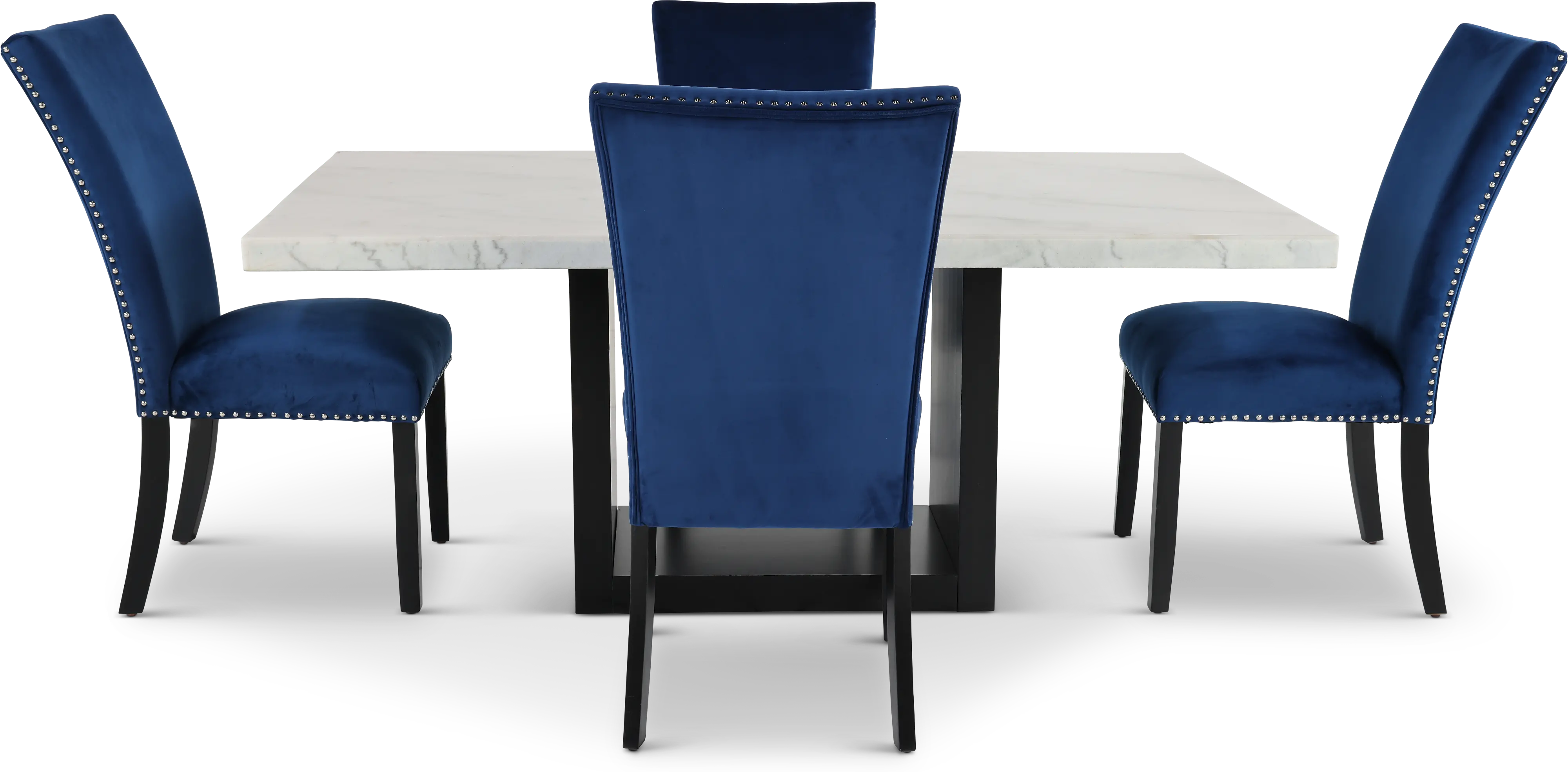 Valentino Marble 5 Piece Dining Room Set with Blue Velvet Chairs