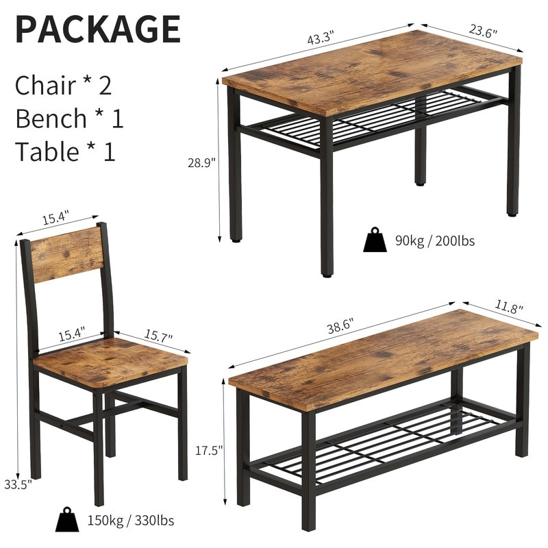 Industrial Dining Table Set for 4  4 Piece Kitchen Table with Bench and Chairs  Rustic Dining Set with Storage Rack