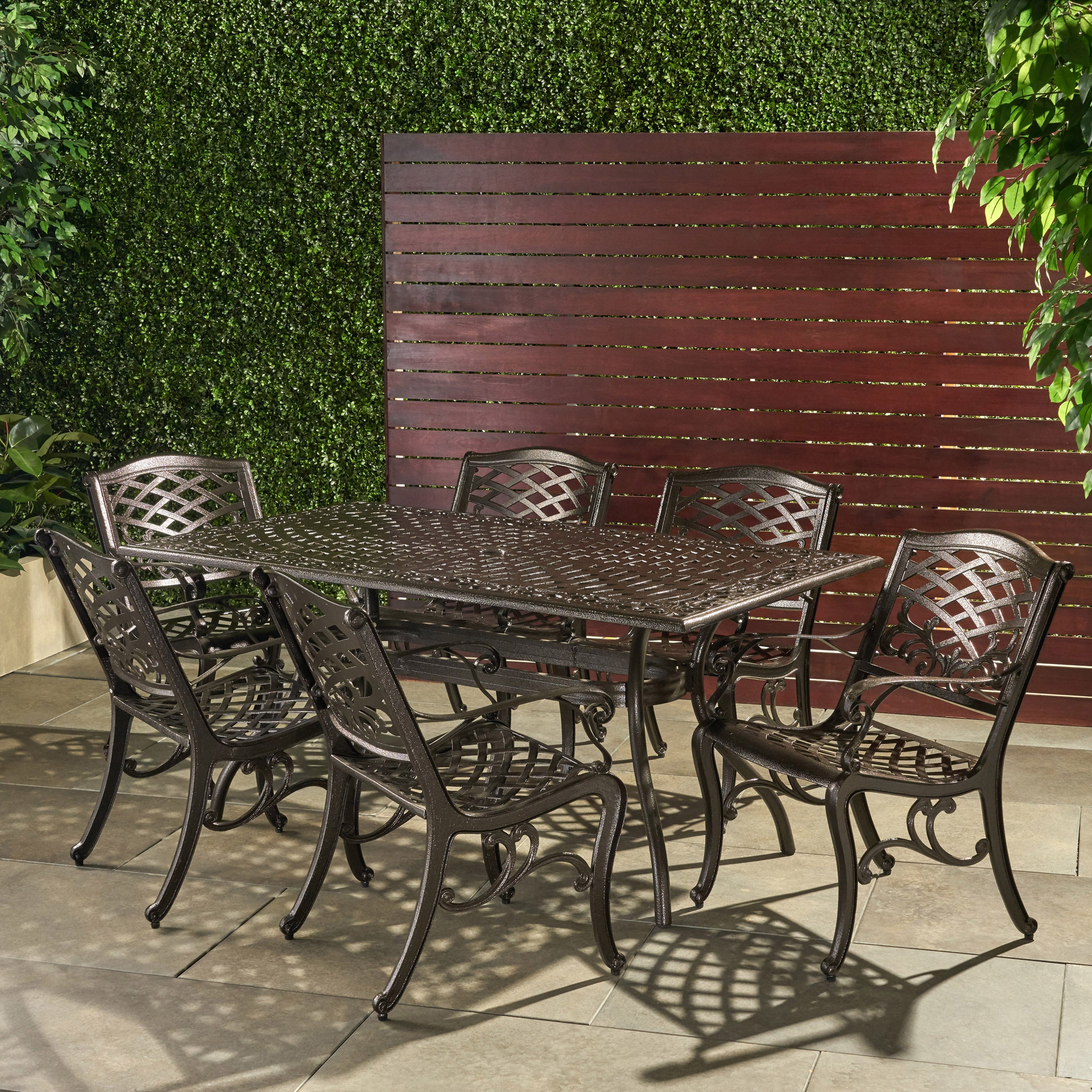 Odena Outdoor 7-piece Cast Aluminum Rectangle Bronze Dining Set