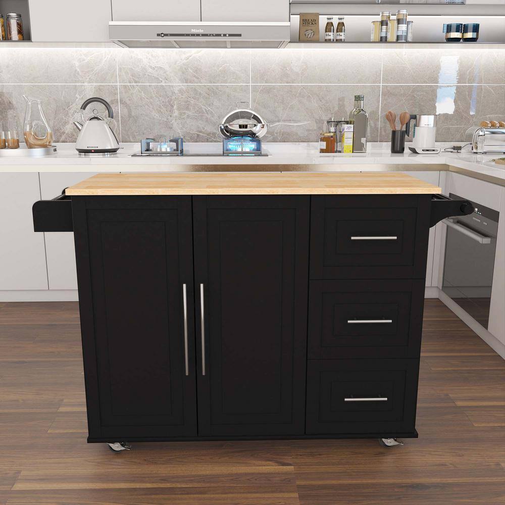 BlackWooden Kitchen Island with Spice Rack Towel Rack and Extensible Solid Wood Table ZT-110505113