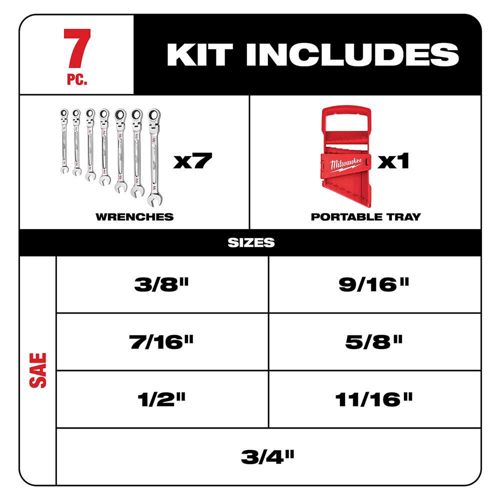 Milwaukee Combination Wrench Set SAE Flex Head Ratcheting 7pc 48-22-9429 from Milwaukee