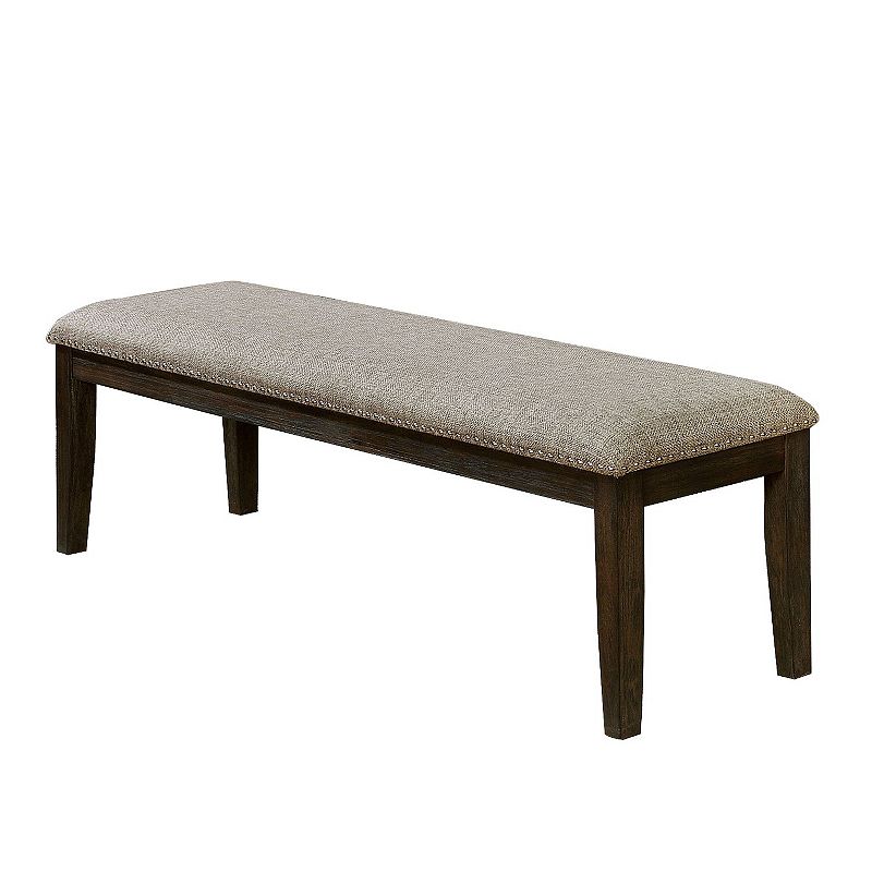 Fabric Upholstered Bench with Nailhead Trim and Tapered Legs， Gray and Espresso