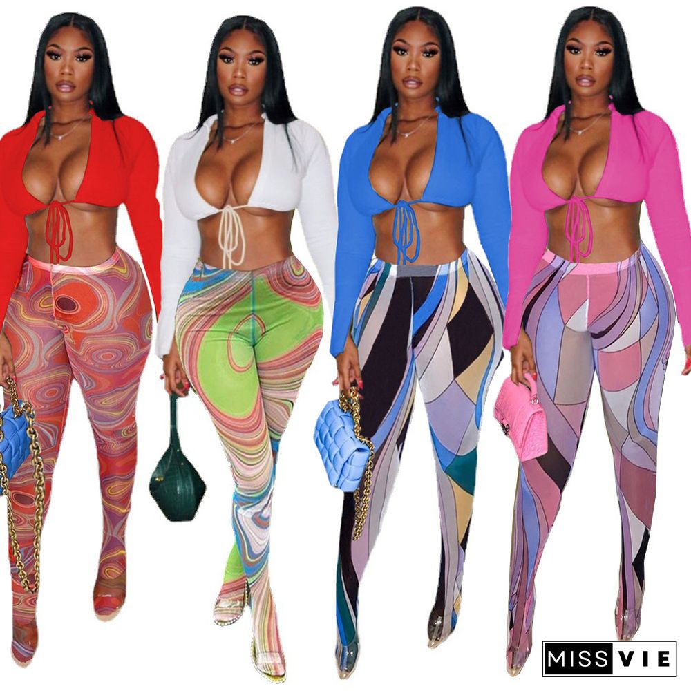 Low Cut Bandage Crop Top Tie Dye Pants Set