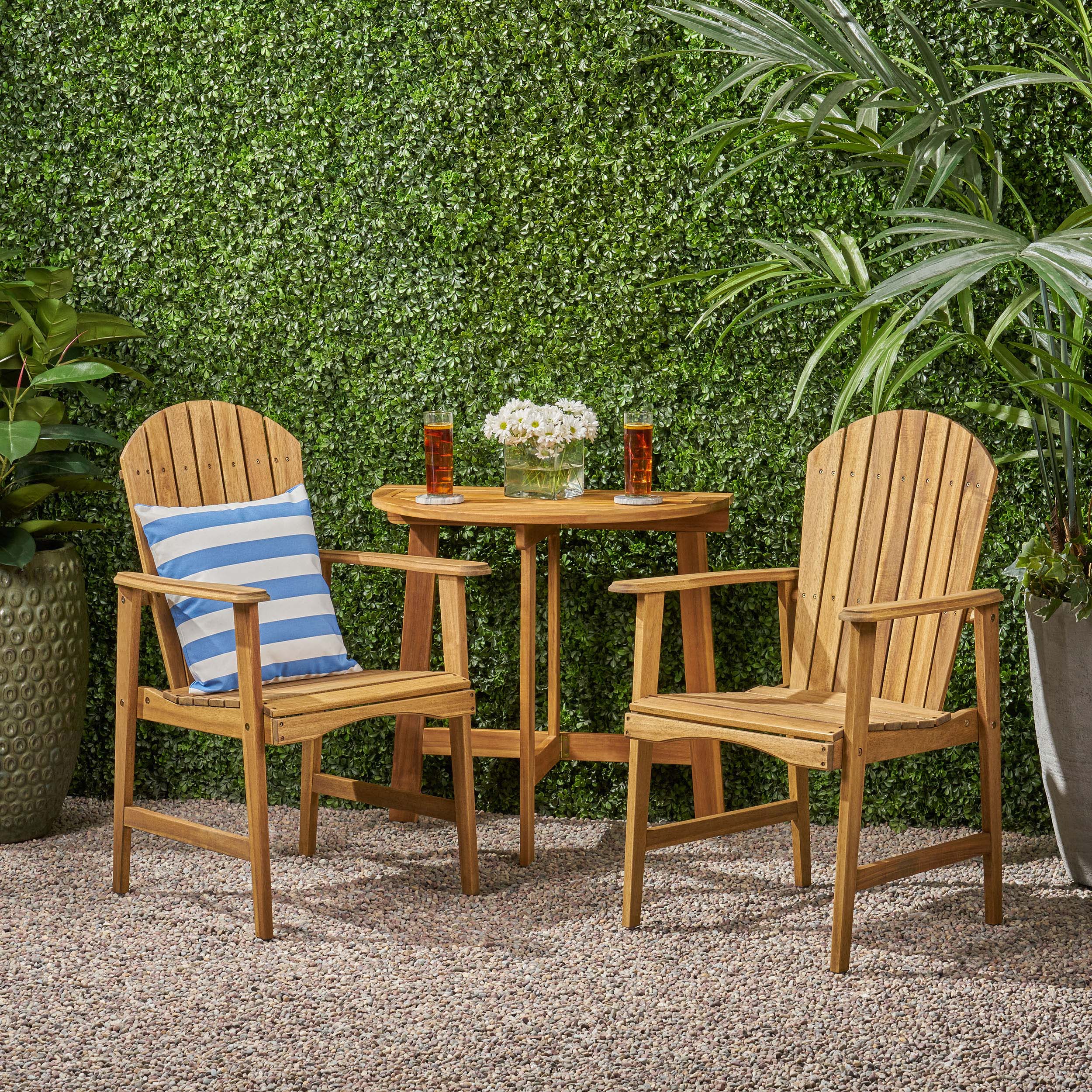 George Outdoor 2 Seater Half-Round Acacia Wood Bistro Table Set with Adirondack Chairs